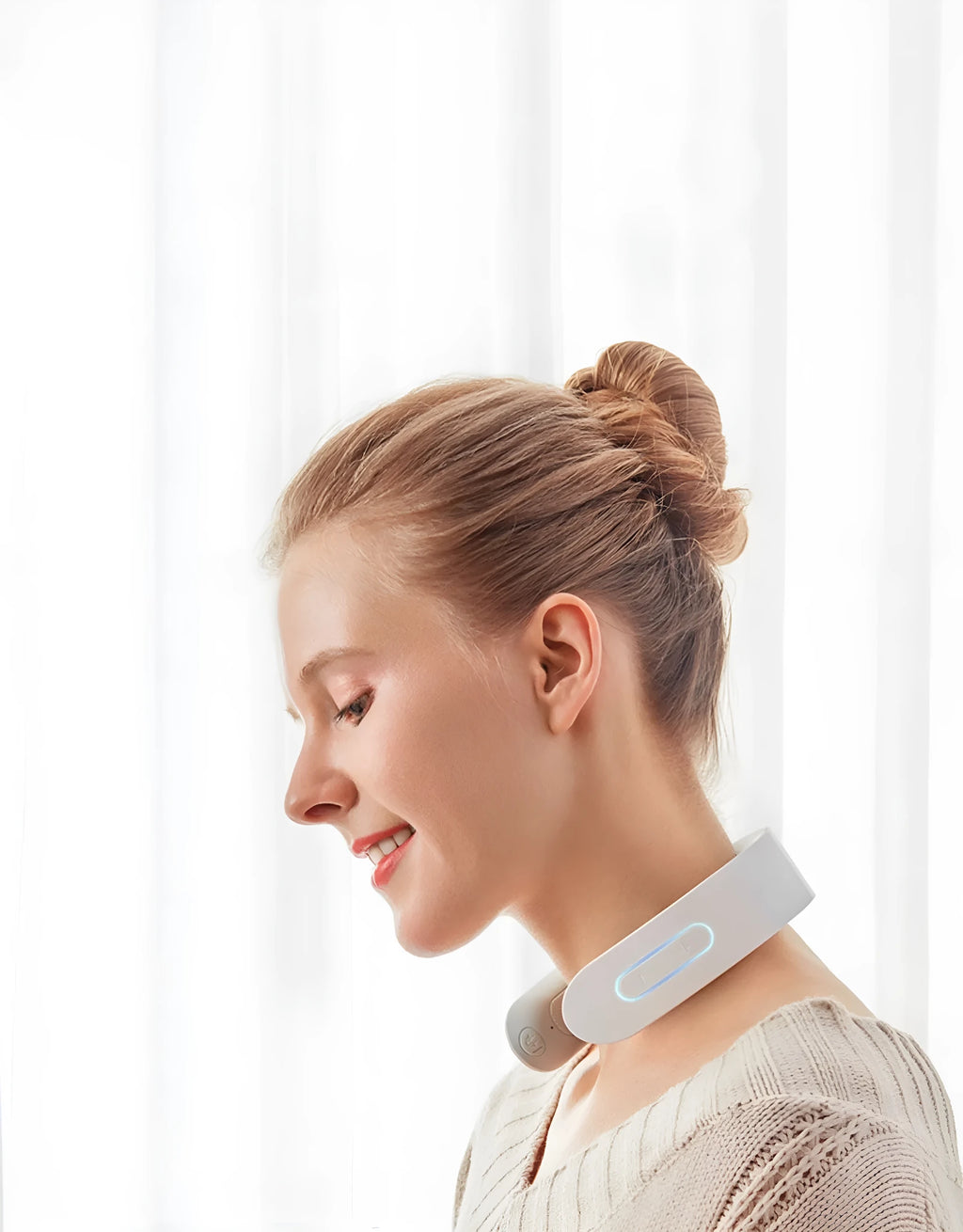 White electric acupressure massager for back neck shoulder pain relief with heat therapy