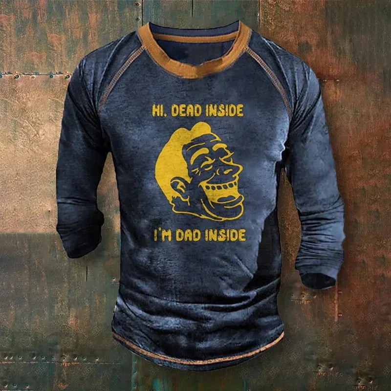 Men's slim fit polyester long sleeve T-shirt with cartoon print on front, available in multiple colours