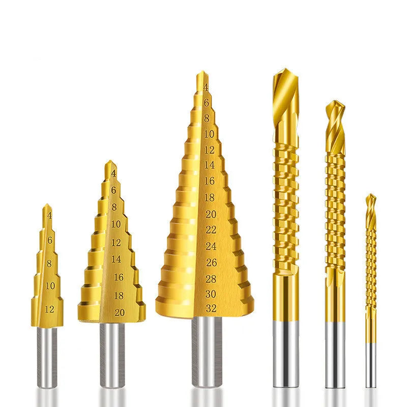 High speed steel step drill bits and centre punch set for metalworking with size markings