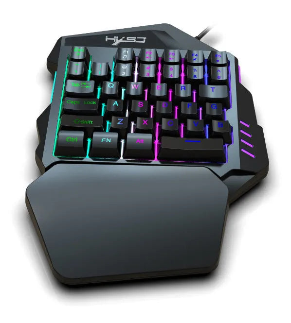 V100 one-handed black mini keyboard and mouse set on a desk