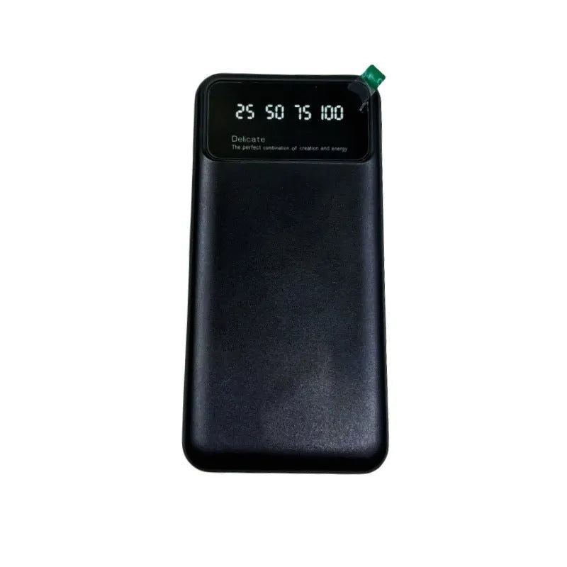 Black ultra-thin power bank showing compact design with dimensions 67x14x140 mm
