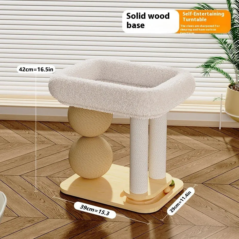 Pine wood cat scratching nest with sisal posts and raised sleeping platform in dual-column design