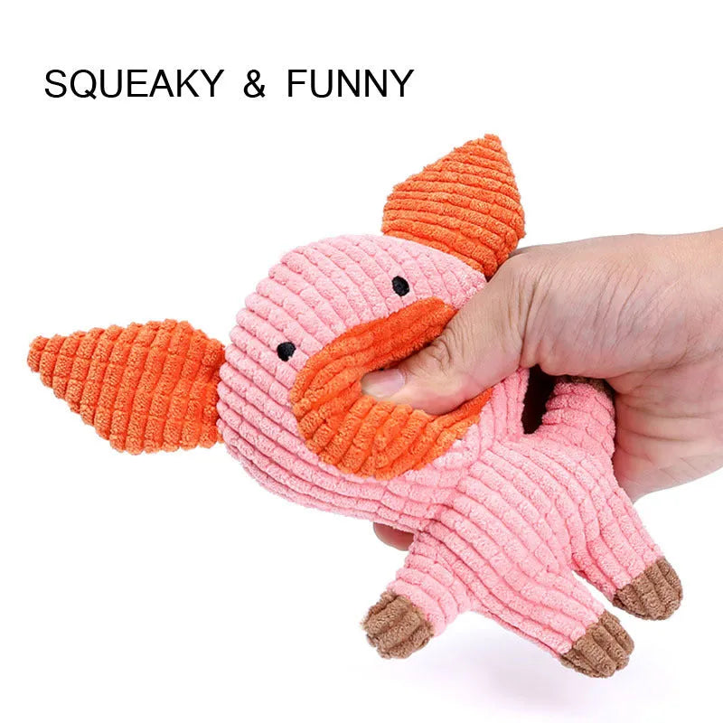 Animal shape plush dog chew toy in multiple colours with bite resistant construction