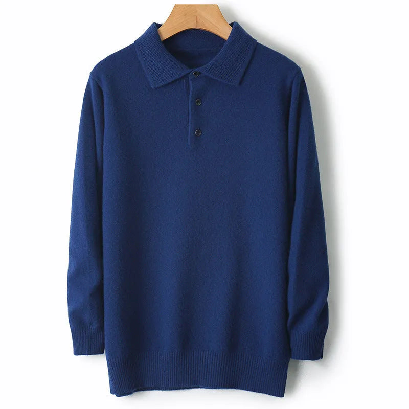 Men's wool polo collar pullover sweater in noble blue colour on a hanger