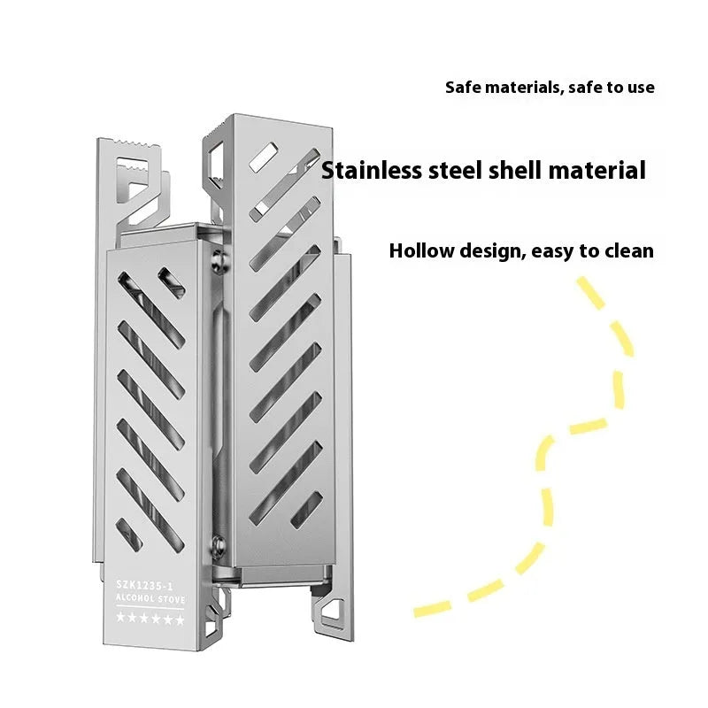 Black hexagon foldable alcohol camping stove showing compact size next to ruler