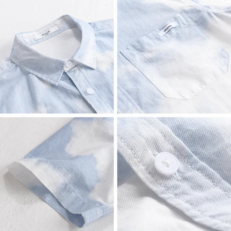 Men's light pink pure cotton short-sleeved shirt with loose fit cardigan style