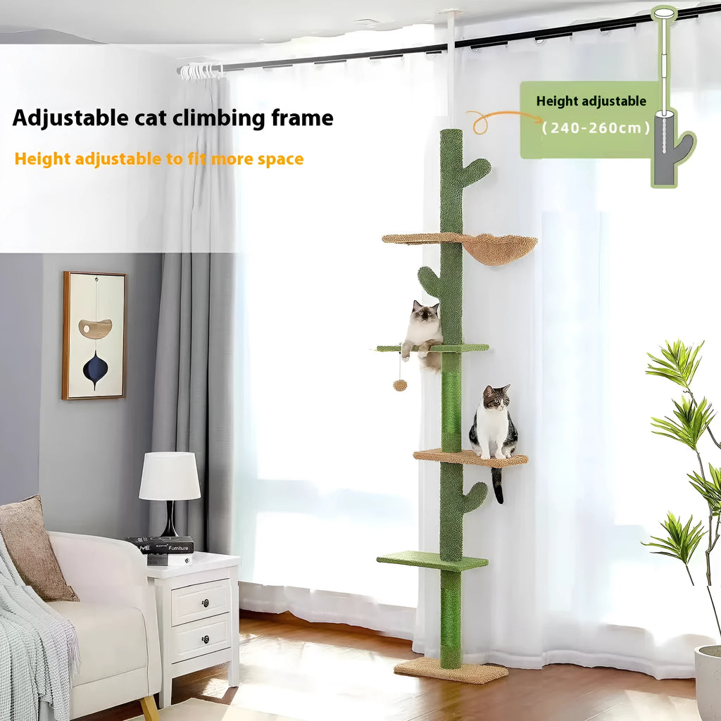 Solid wood cat climbing frame with integrated cactus cat nest and scratch board measuring 240-260cm tall