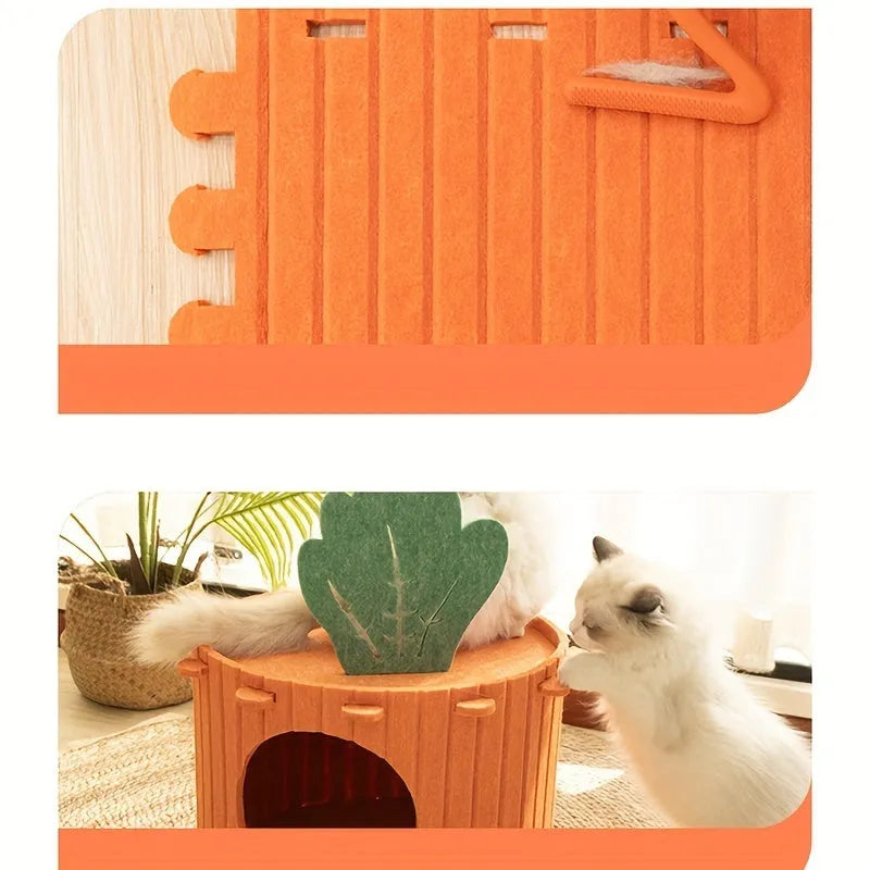 Carrot-shaped felt cat tunnel nest with ventilation holes in soft grey material