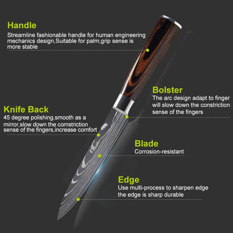 Chef knife with laser Damascus pattern on 18cm 7CR17 steel blade and colour steel handle.