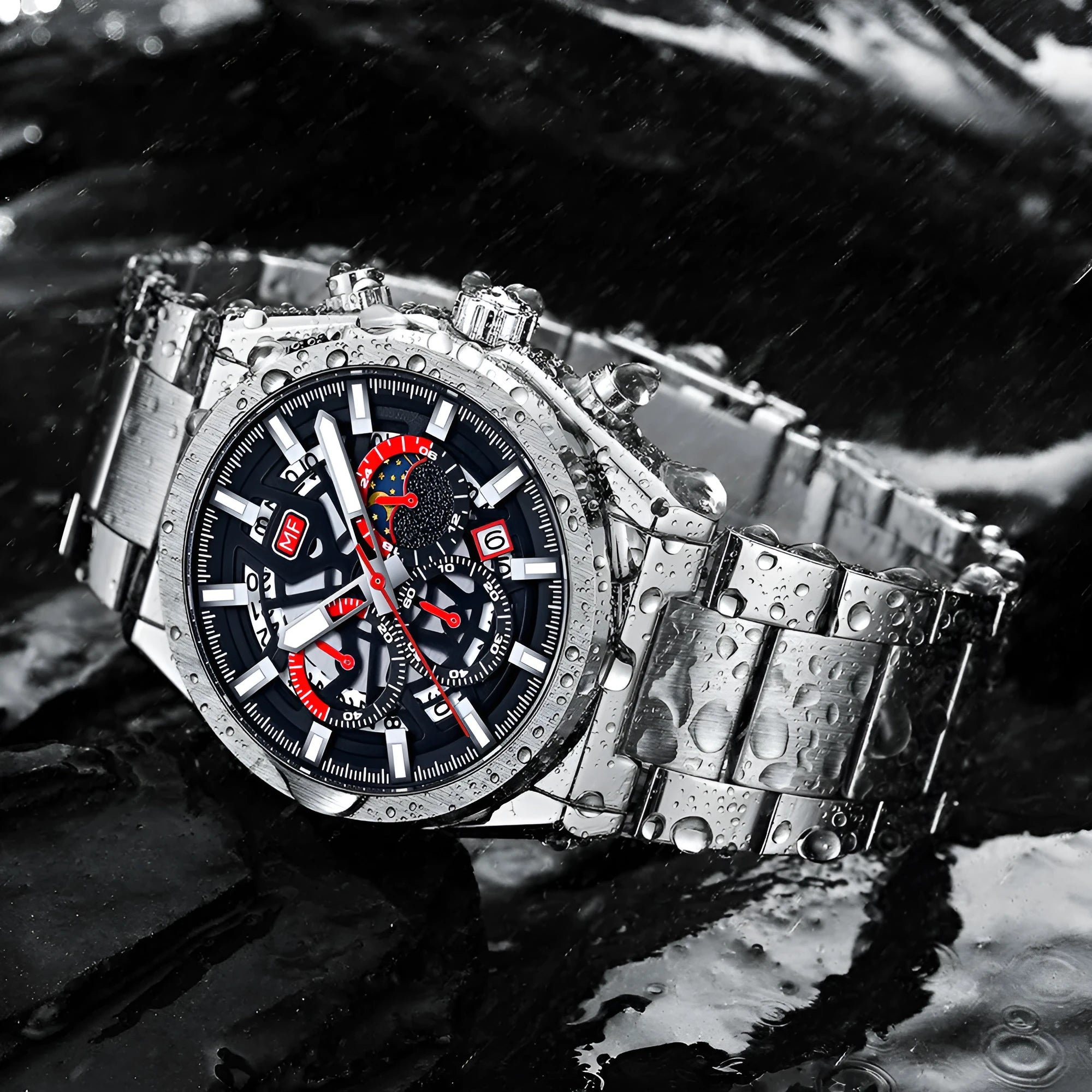 Men's business quartz watch with luminous hands and calendar, 35.5mm dial, mineral glass, stainless steel buckle, black face