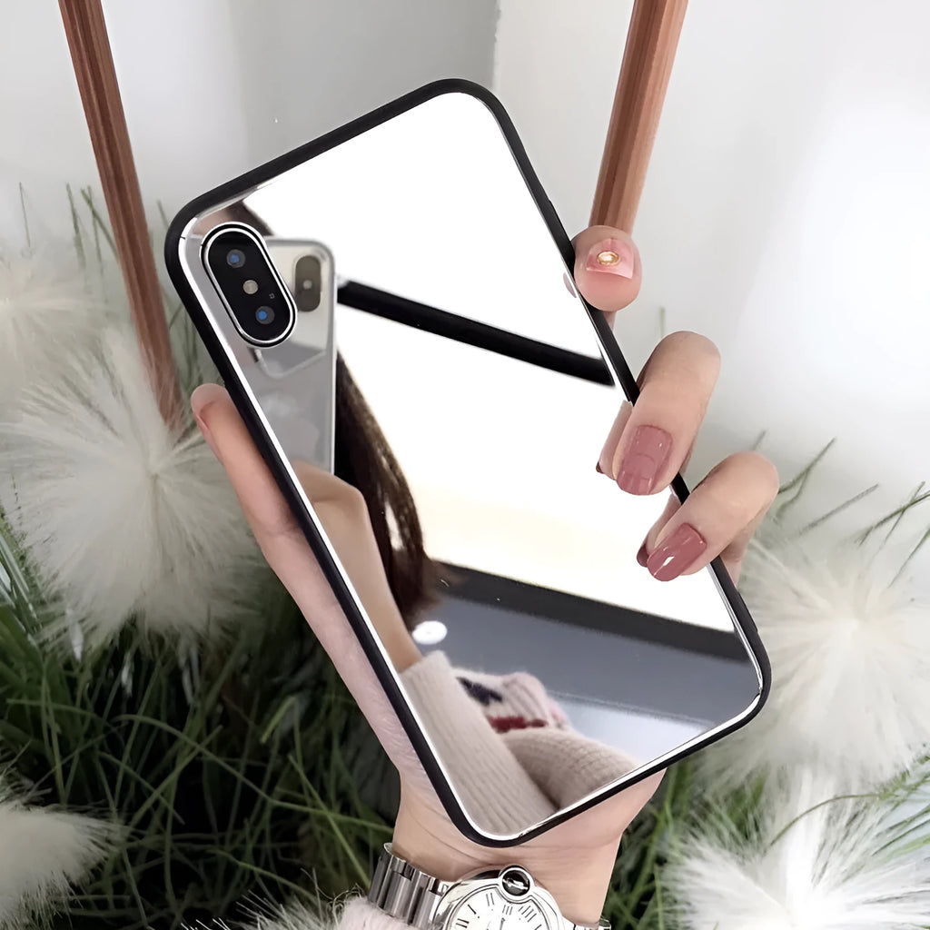 Black mirror back cover phone case for iPhone X showing reflective surface.