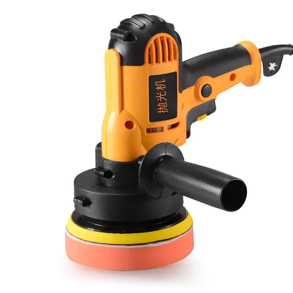 Yellow automotive polishing machine with 125mm disc on workbench