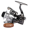 Mini 100 all metal black fishing reel with folding wooden rocker arm on white background