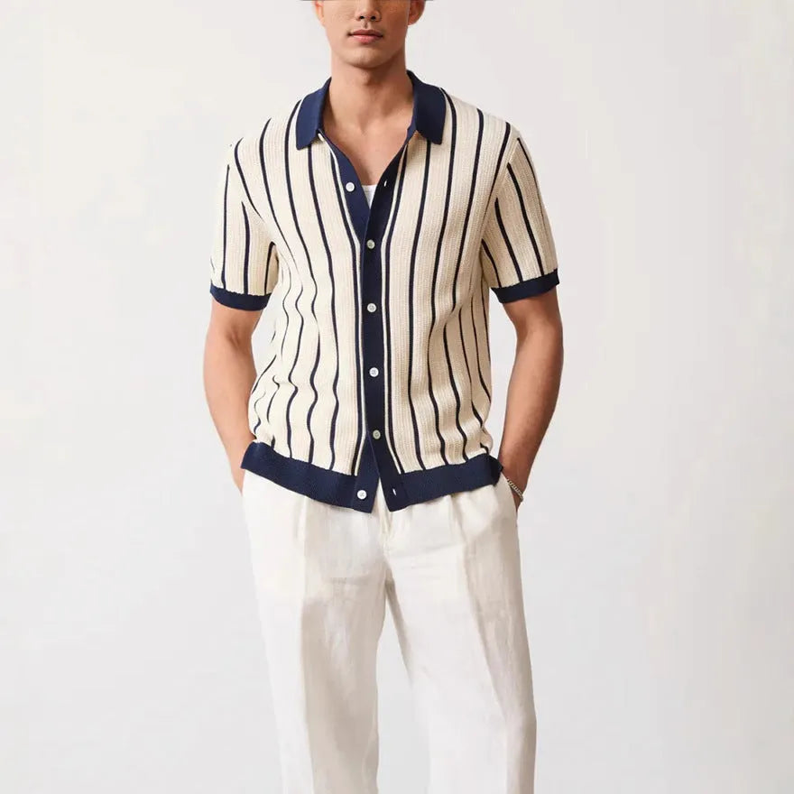 Men's white knitted short sleeve shirt with asymmetric lapel design and striped pattern detail
