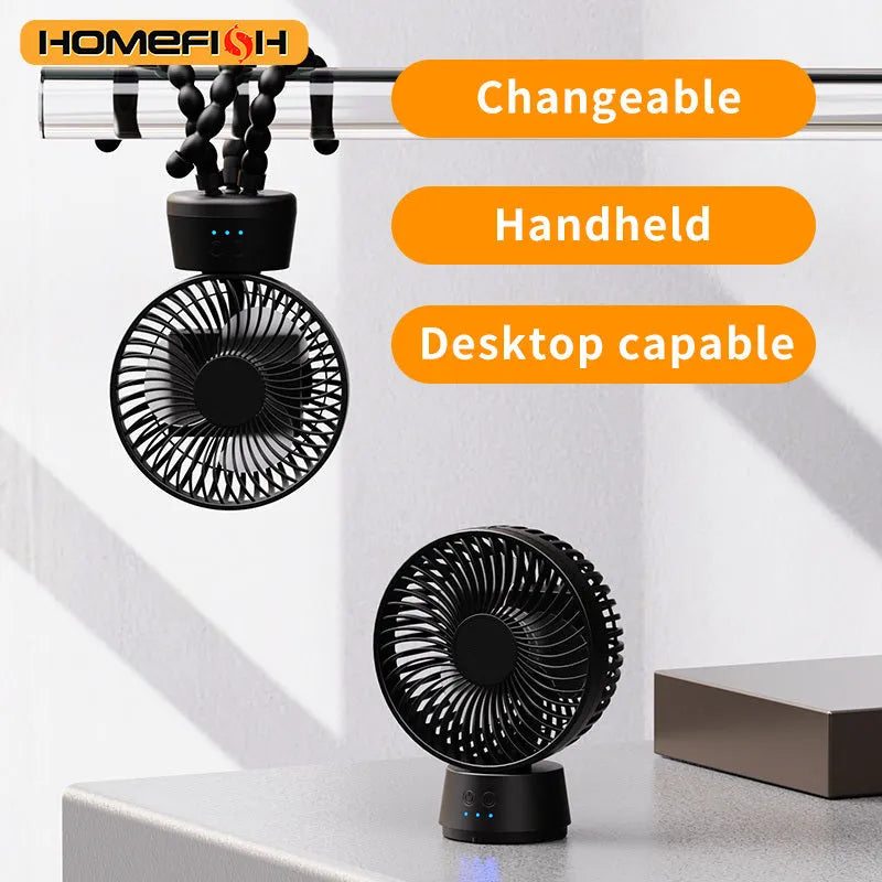 HOMEFISH F2 automatic shake head portable fan with LED light and removable mounting bracket