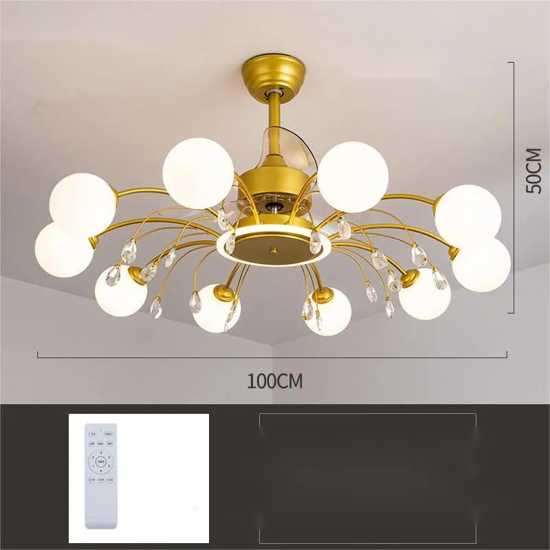 Gold and black ceiling fan lamp with chandelier style lights and metal blades.
