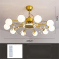 Gold and black ceiling fan lamp with chandelier style lights and metal blades.