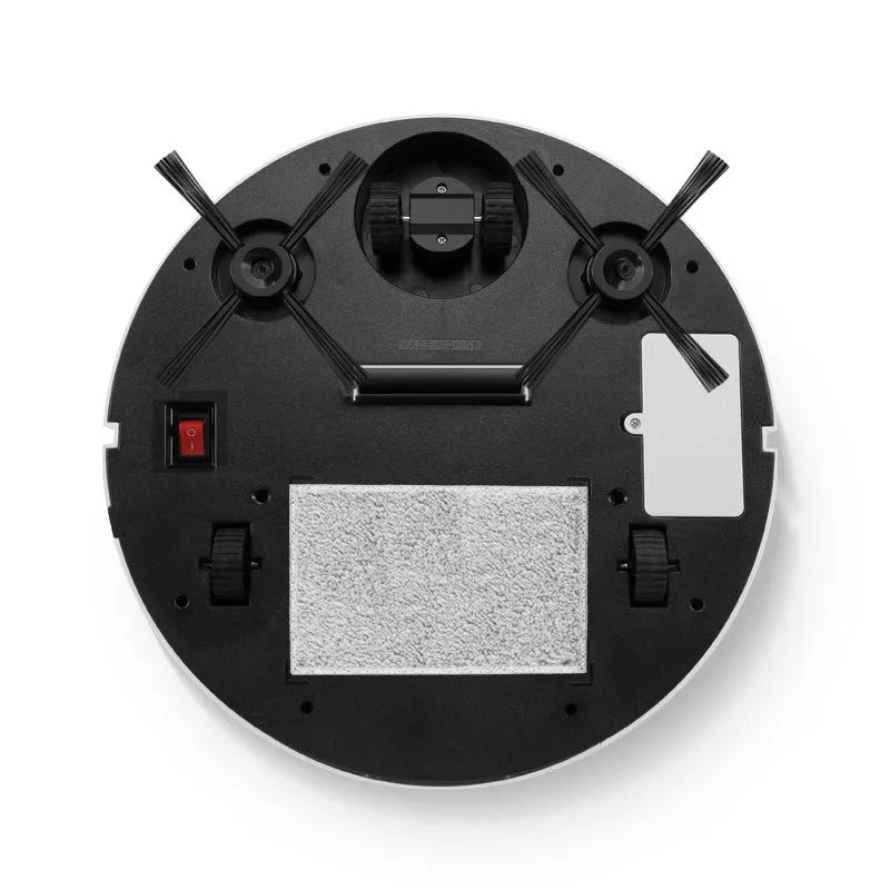 Automatic sweeping robot with compact square design on a wooden floor