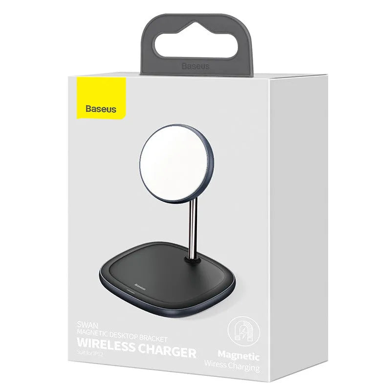 Swan Magnetic Desktop Stand Wireless Charger for Apple iPhone 12 in black colour showing stand design