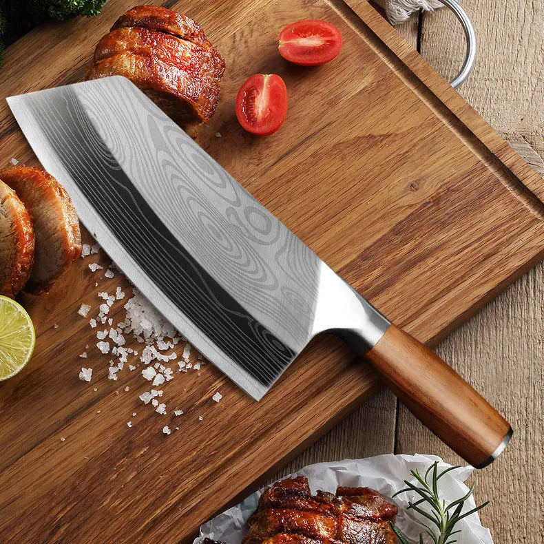 A 320mm long stainless steel kitchen knife with a 40cr13 steel blade on a kitchen counter.