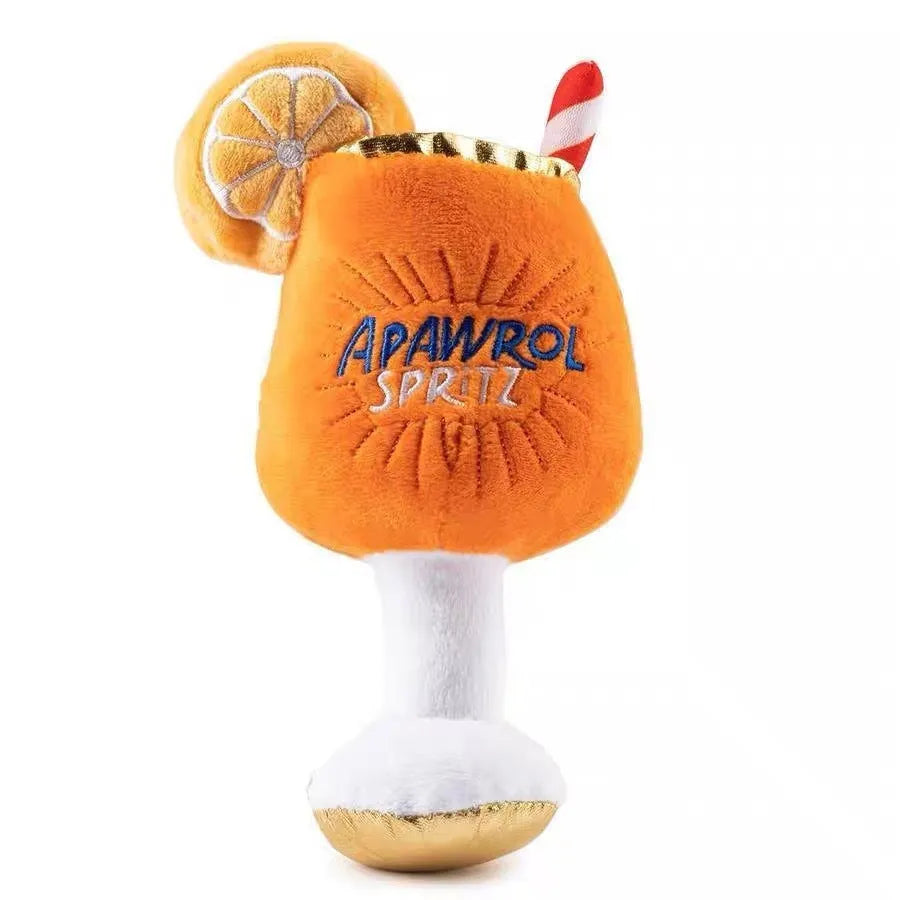 Yellow cup-shaped plush dog toy with squeaker for chewing and interactive play