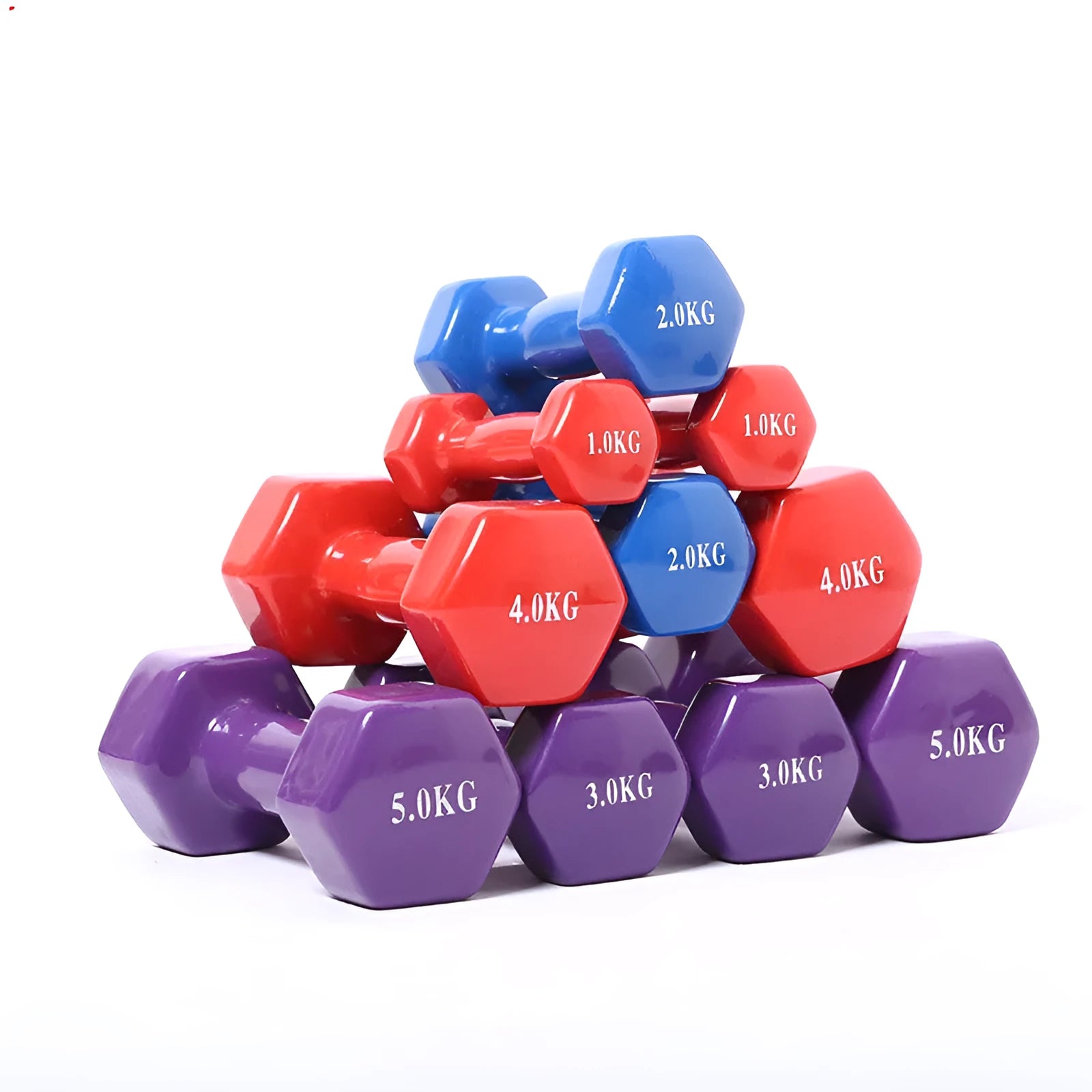 Bright coloured plastic-coated fitness dumbbells in 0.5kg, 1kg and 1.5kg weights for floor-protected workouts