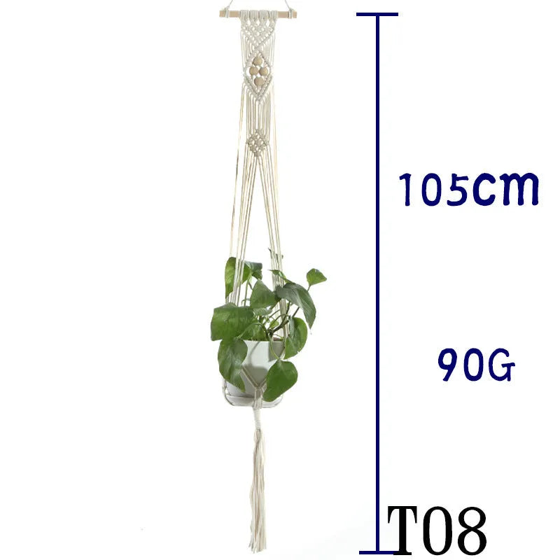 Beige handmade cotton rope hanging basket sling holding a flower pot with 12-18cm bottom diameter