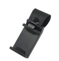 Black universal steering wheel phone holder clip mounted on a car steering wheel.