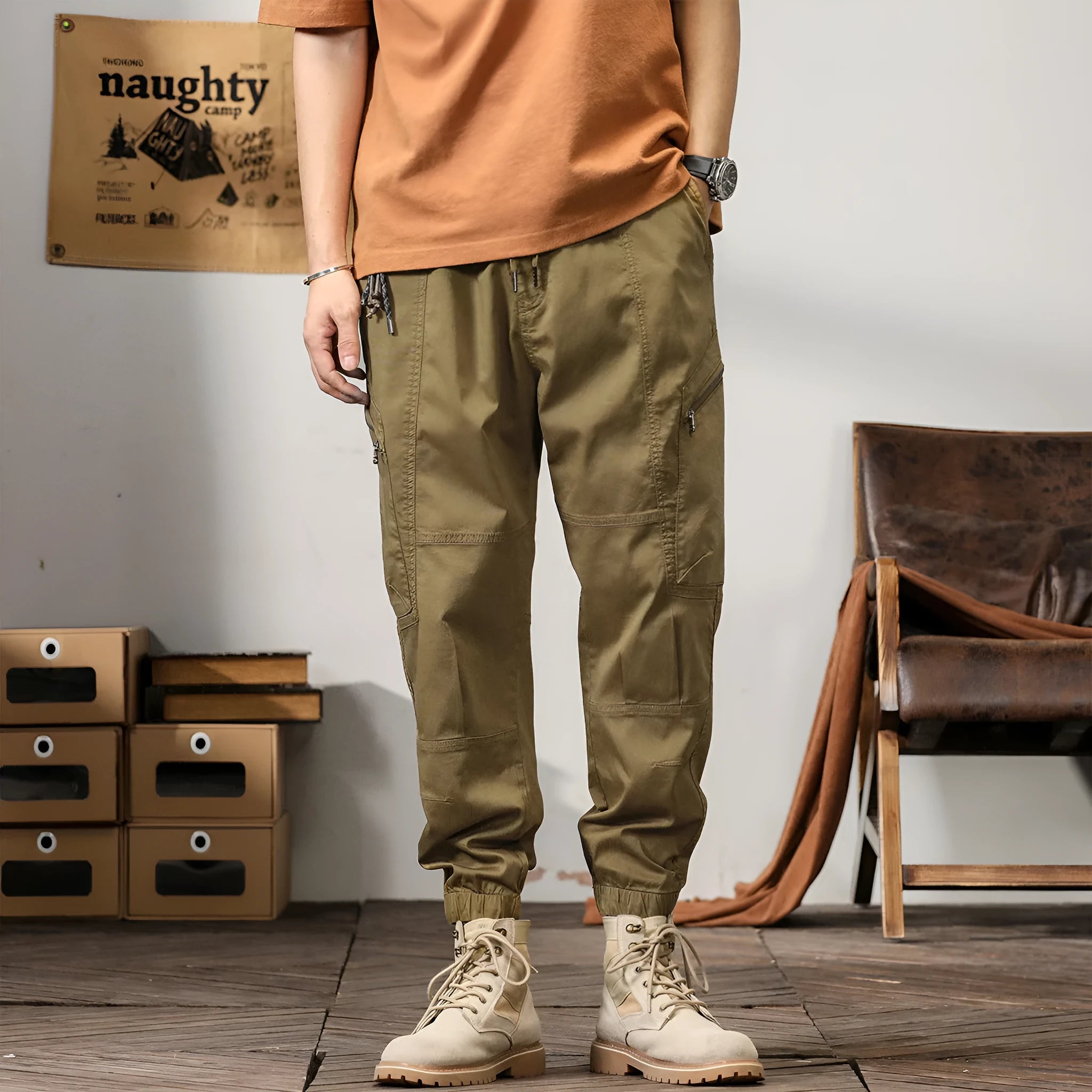 Men's cotton tapered harem pants with ankle banding in black, coffee, khaki or peacock green
