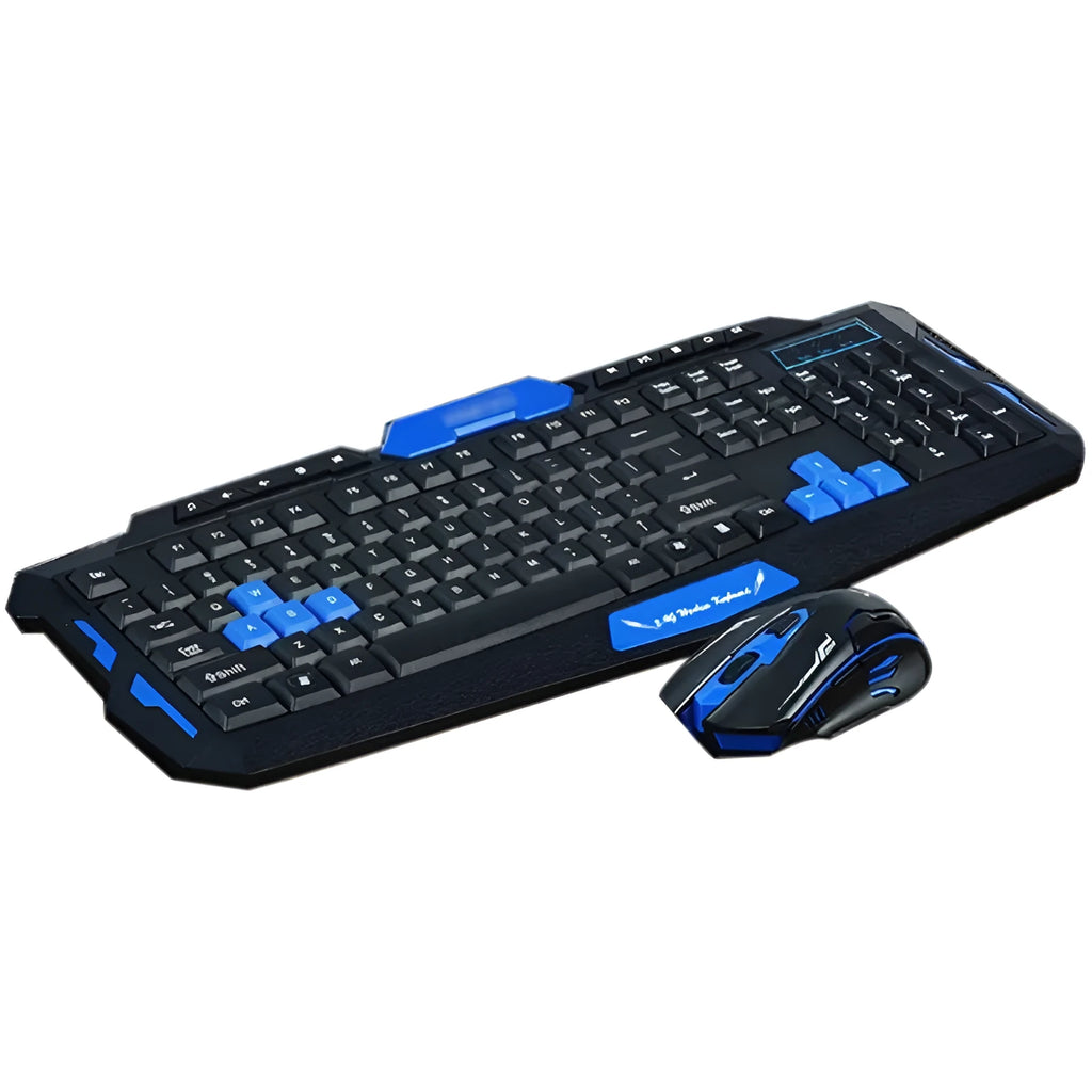 Black and blue wireless keyboard and mouse set on a desk, showing compact 48cm keyboard and ergonomic mouse.
