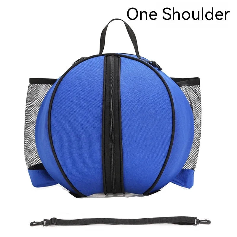 Black Oxford cloth basketball bag with one shoulder strap, shown next to a basketball.