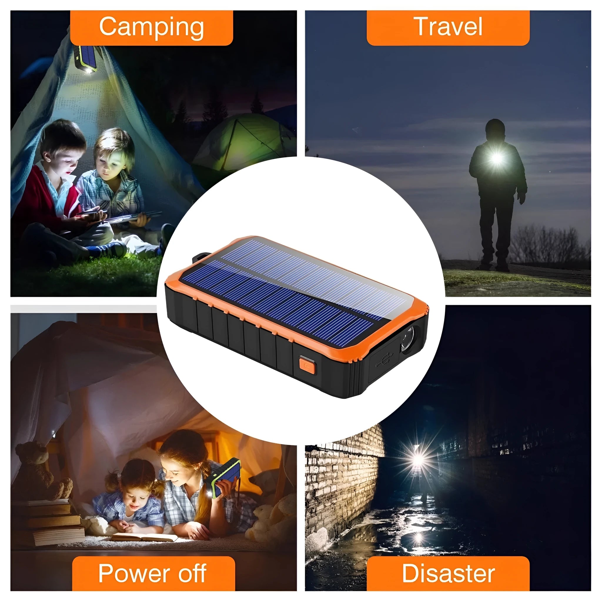 Orange and green hand crank solar power bank with 12000mAh capacity showing USB ports and LED torch