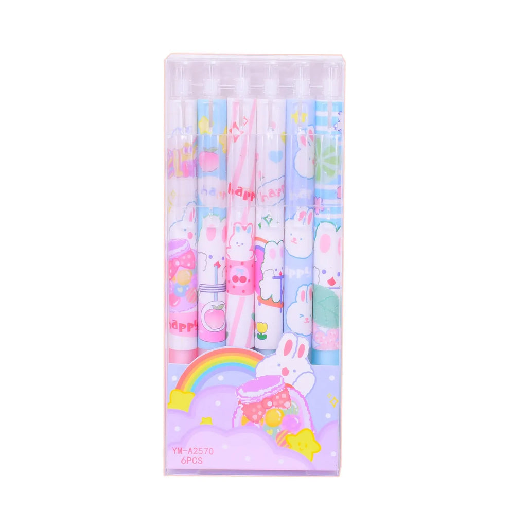 Six cartoon bunny design gel pens with 0.5mm tips and black ink displayed together
