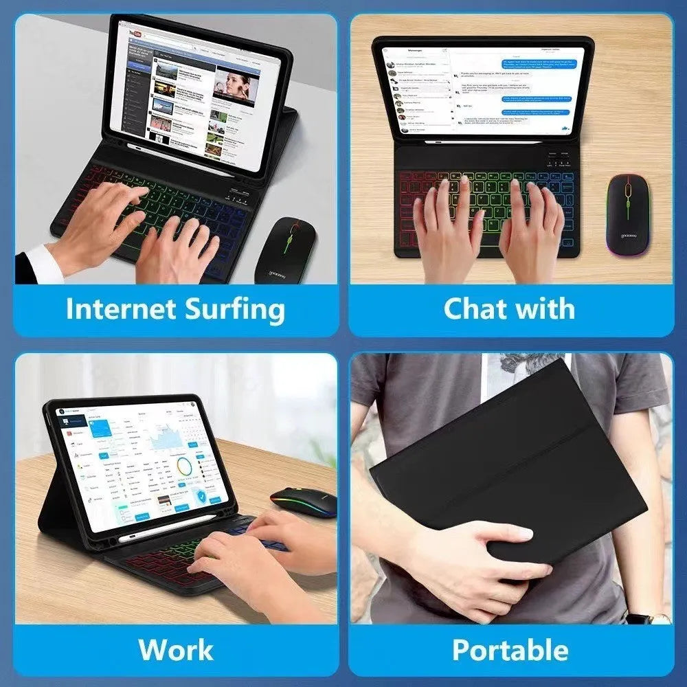 iPad protective leather case with built-in RGB backlit Bluetooth keyboard and stand in black colour