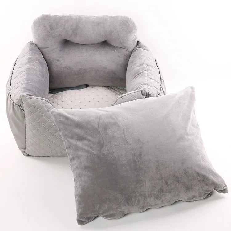 Grey cloth pet dog car kennel with cushion seat measuring 50x40x40cm for portable use