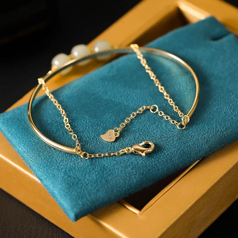 Hetian jade lucky beads bracelet for women with gold inlay treatment