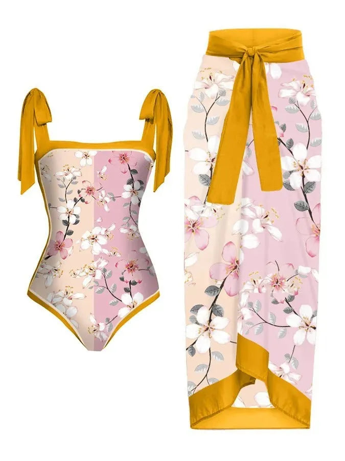 Women's floral print two-piece swimsuit with chiffon skirt in multiple colour options