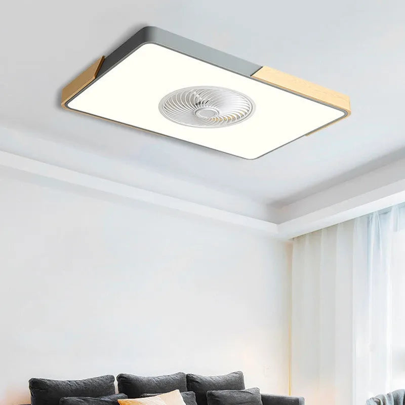 Nordic style ceiling fan with light fixture showing solid wood blades and PVC lampshade in rectangular configuration