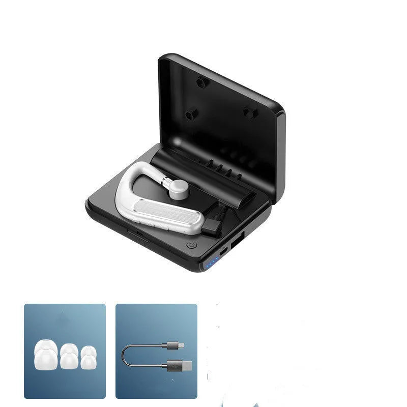 Black Bluetooth earphones with hanging ear design, shown with a charging case and spare ear caps.