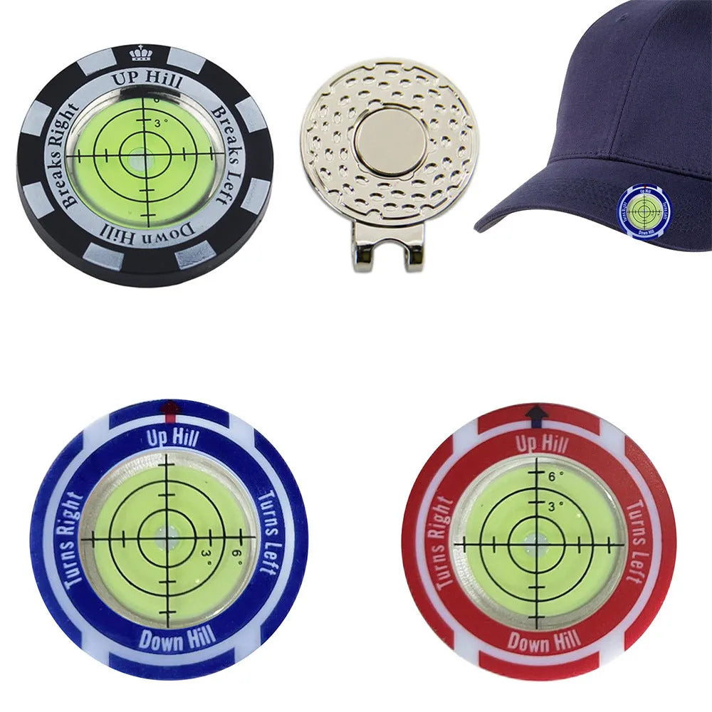 Golf level hat clip accessory with position mark in multiple colour options for distance measurement