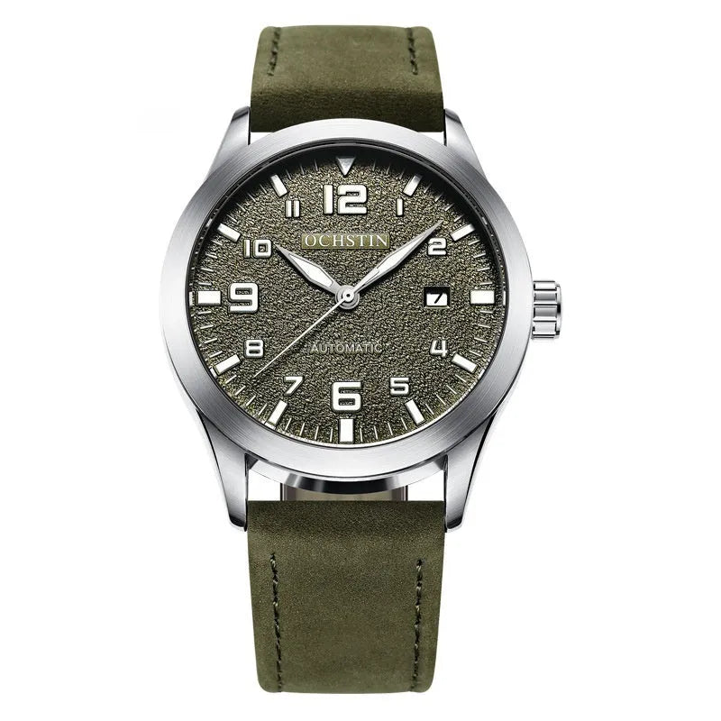 Men's retro automatic watch with leather strap in black and beige colour option