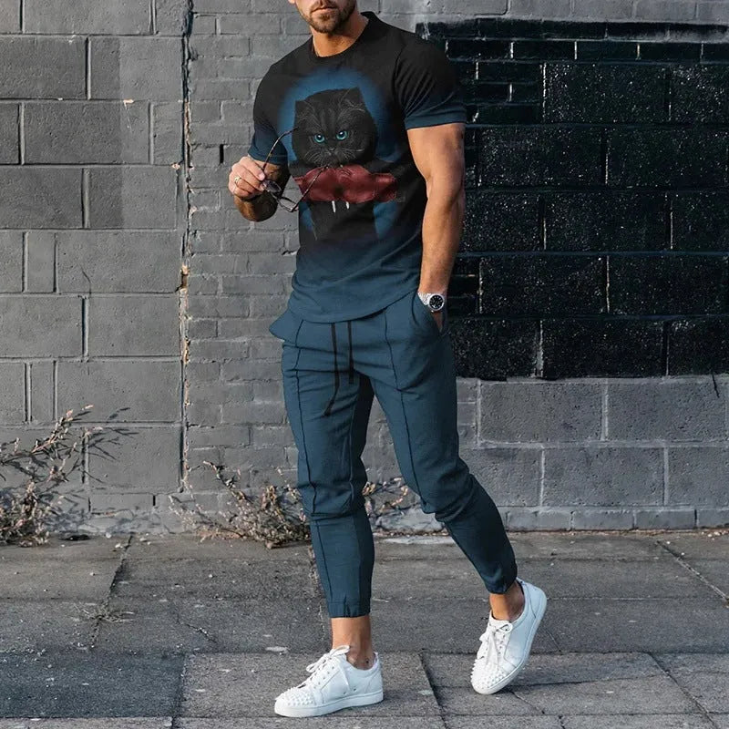 Man wearing a printed short-sleeve T-shirt and matching trousers from a polyester sports set.