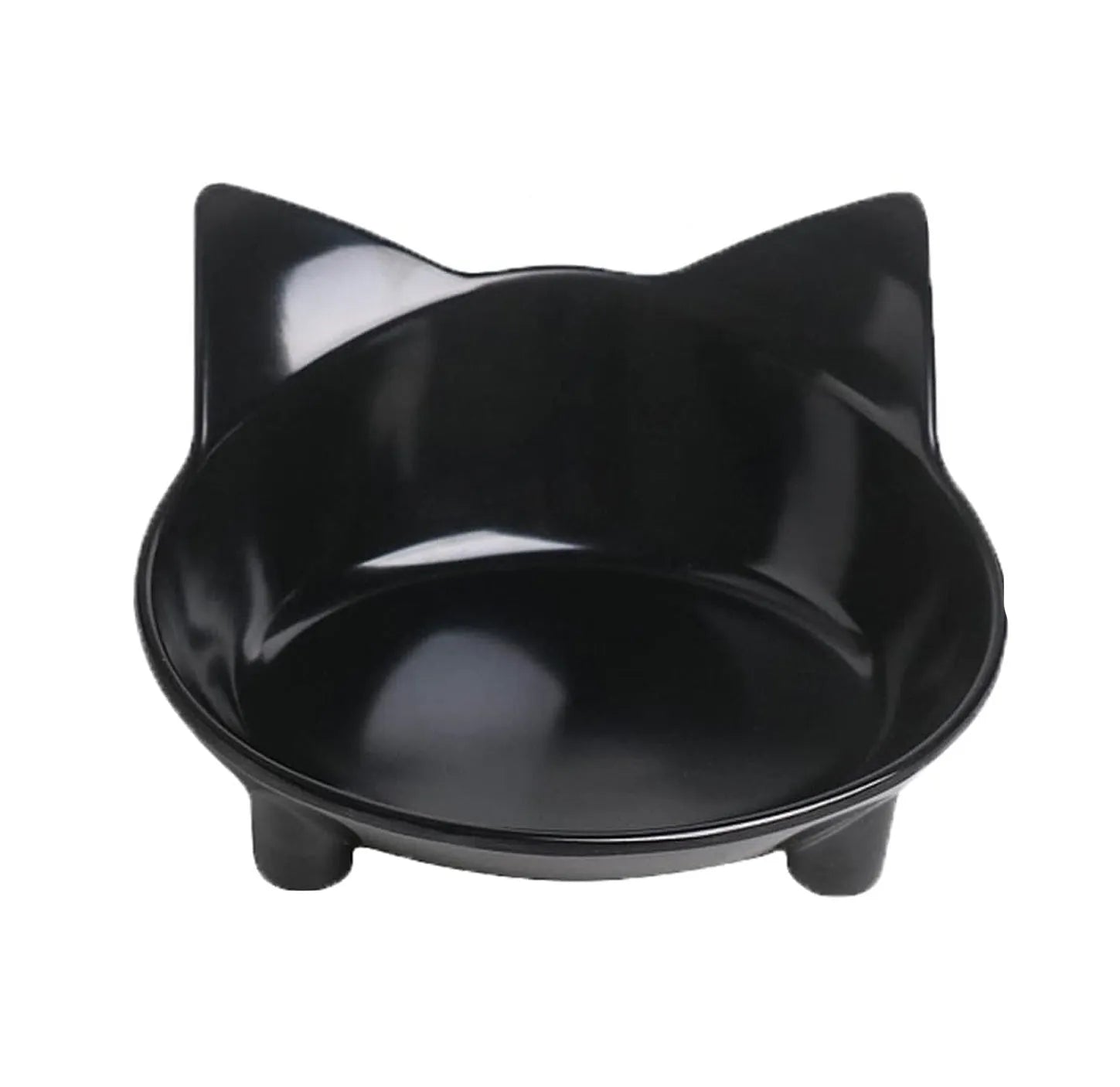 Black shallow melamine pet food bowl with non-slip rubber base on a wooden surface.