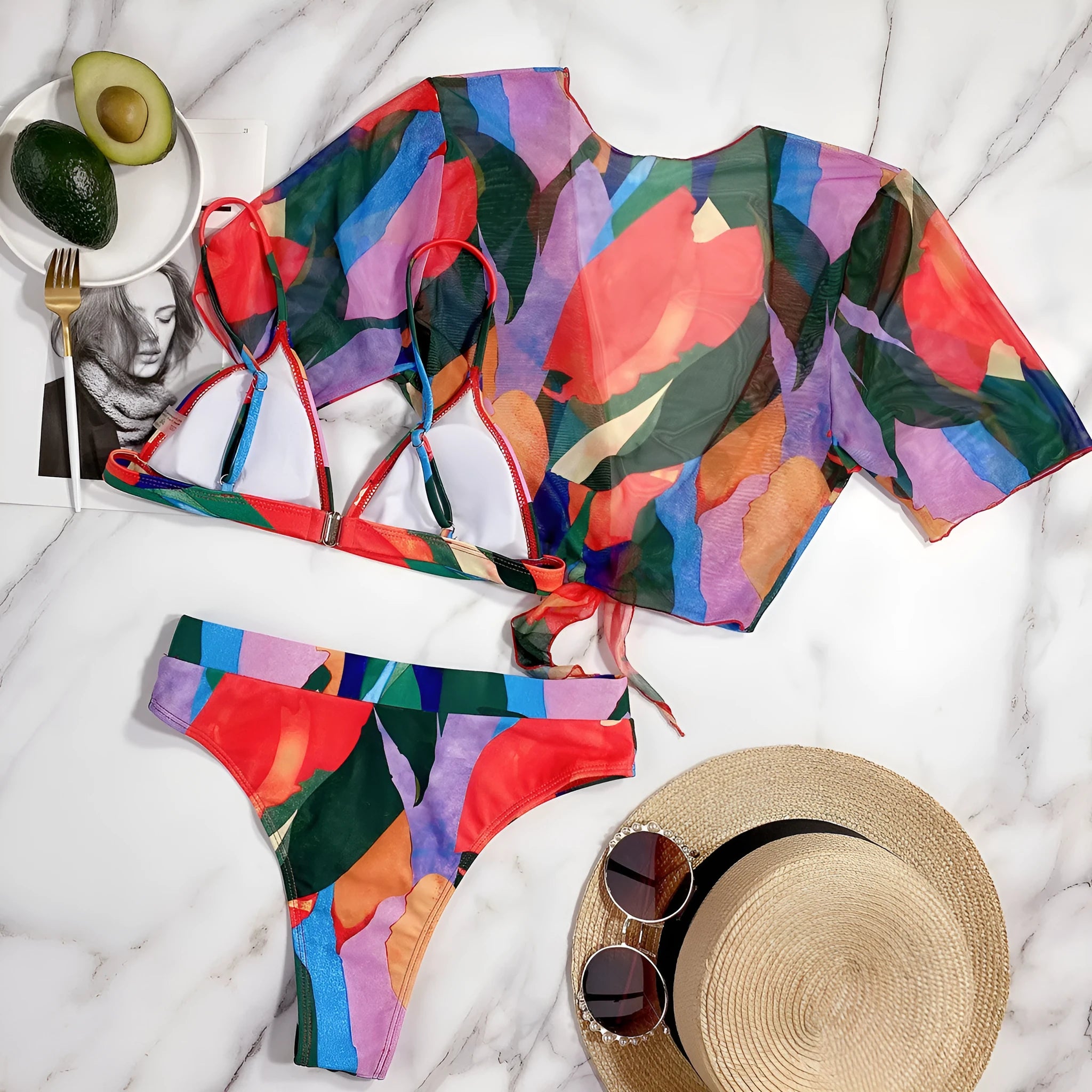 Red printed women's split swimsuit bikini for swimming and surf sports.