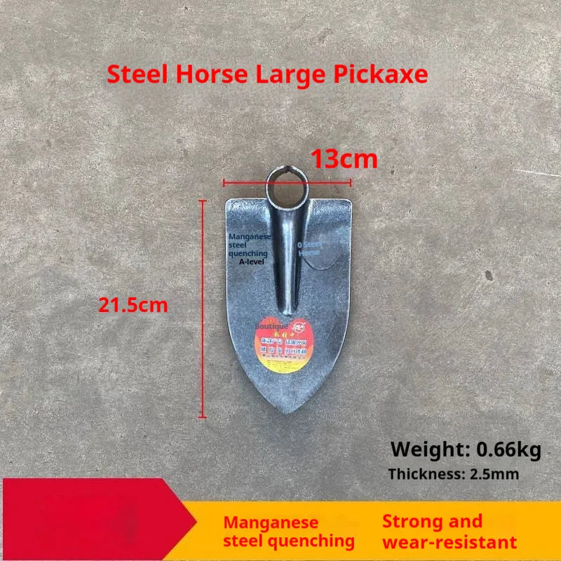 Agricultural pointed hoe tool with steel horse tip and flat hoe design for soil cultivation