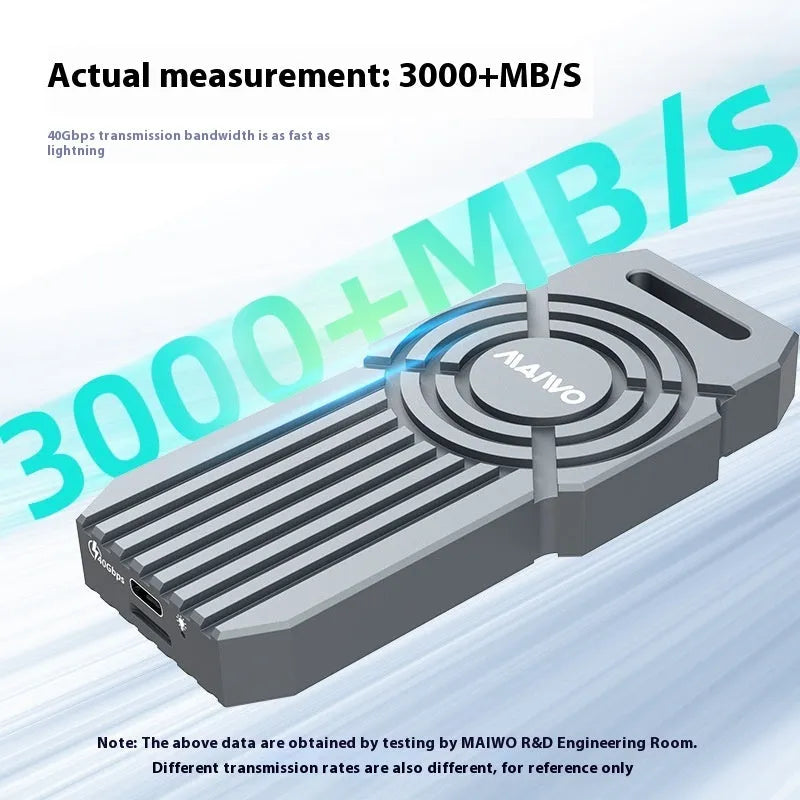 Silver aluminium USB4 external hard drive box for NVMe M2 SSDs with 40Gbps speed