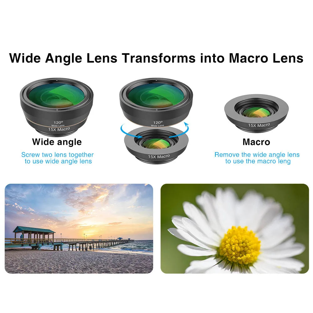 Black 6-in-1 smartphone lens kit with fisheye, macro, telephoto, wide-angle, CPL and star filter lenses and a universal clip.