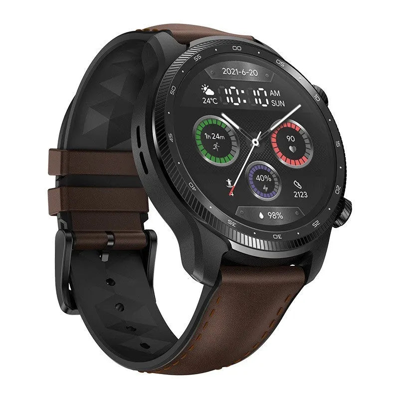 Ticwatch Pro X black smart watch with 47mm case showing 4G LTE calling and heart rate display on screen
