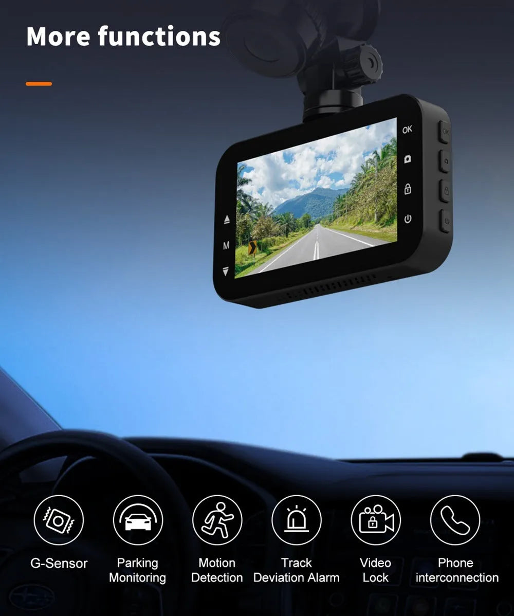 ThiEYE front and rear car dash camera with 3-inch screen, suction cup mount, and rear camera.
