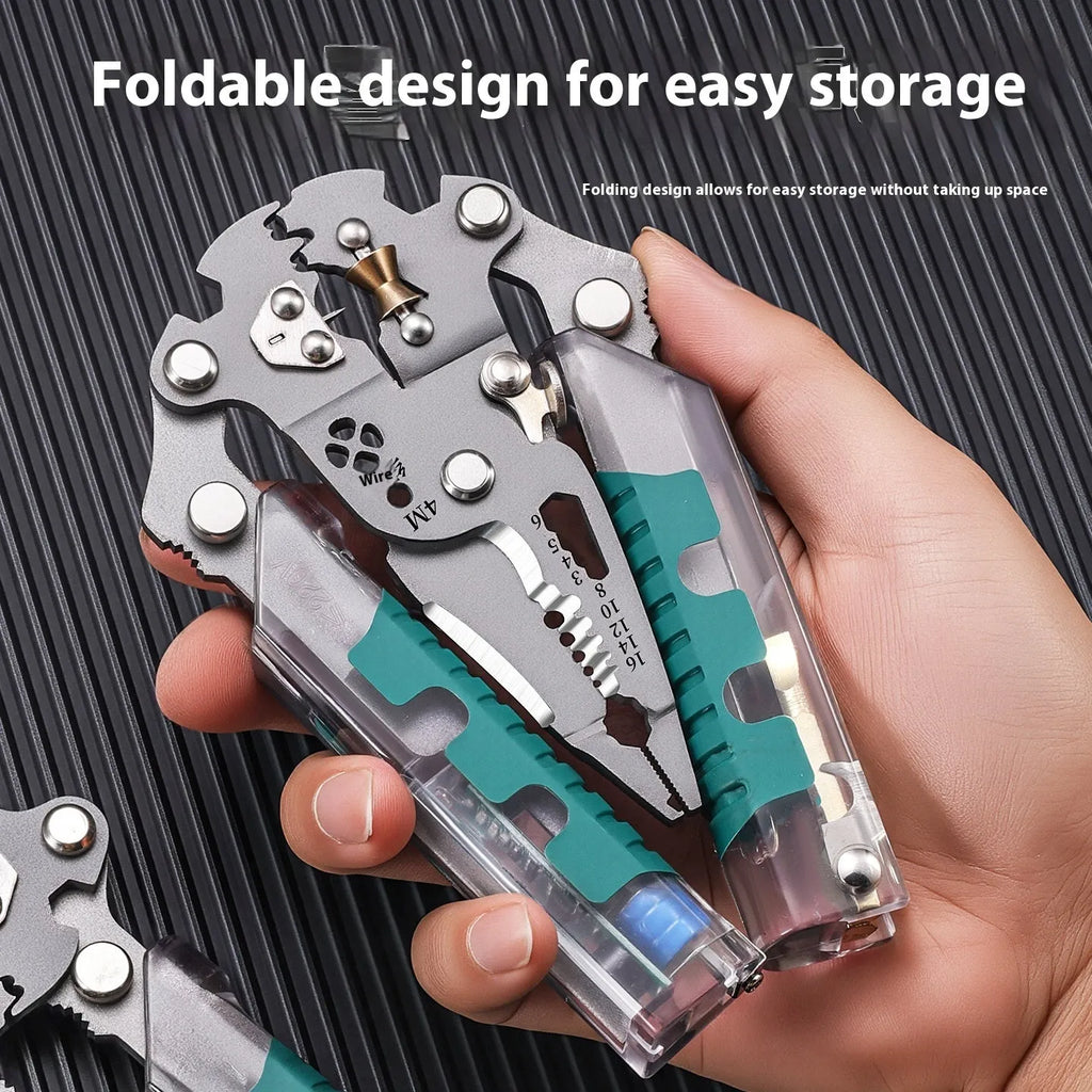 Thickened multi-functional electric wire stripper and pointed pliers tool on a workbench.